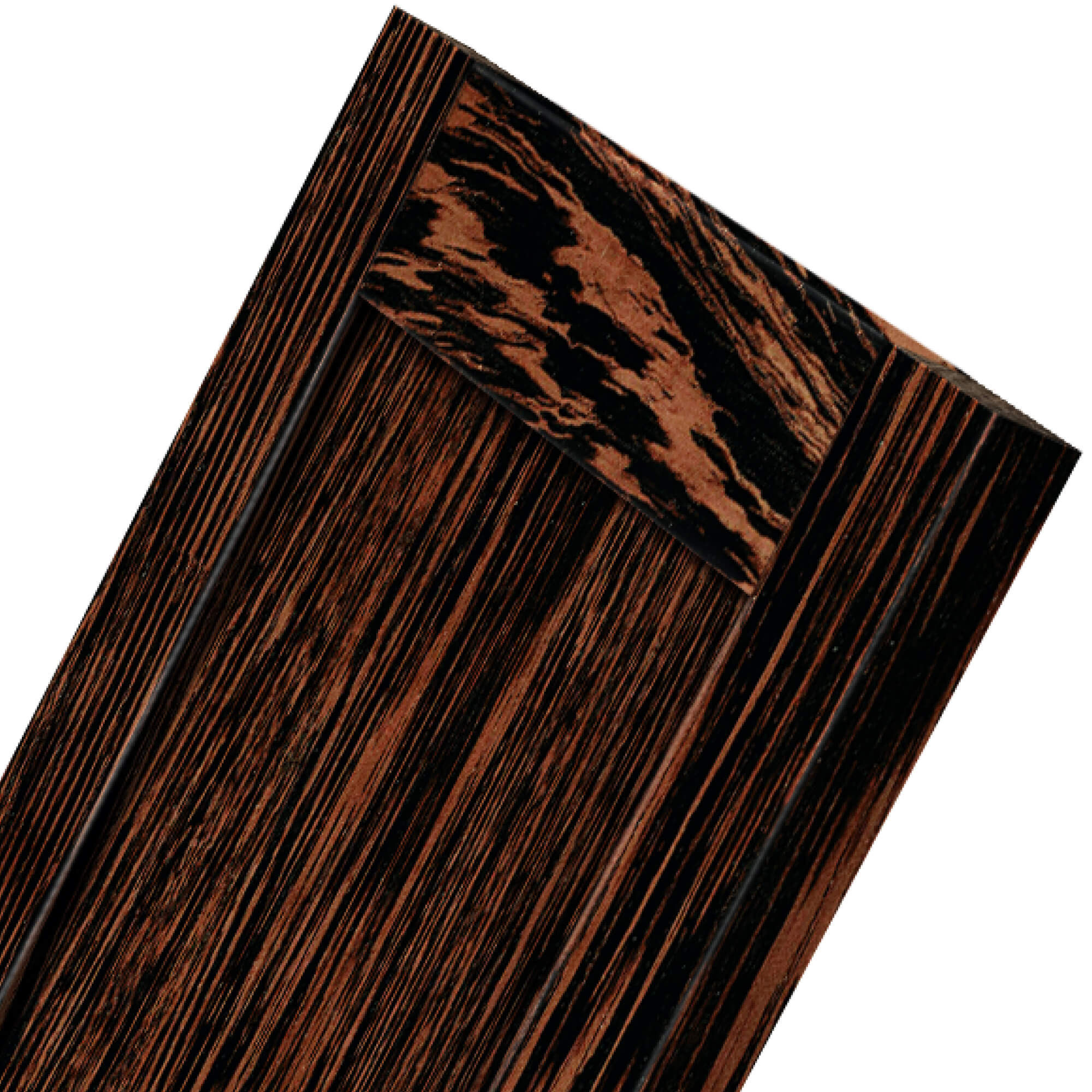 Wenge wood cabinet door close up showing dramatic dark grain and natural exotic hardwood texture