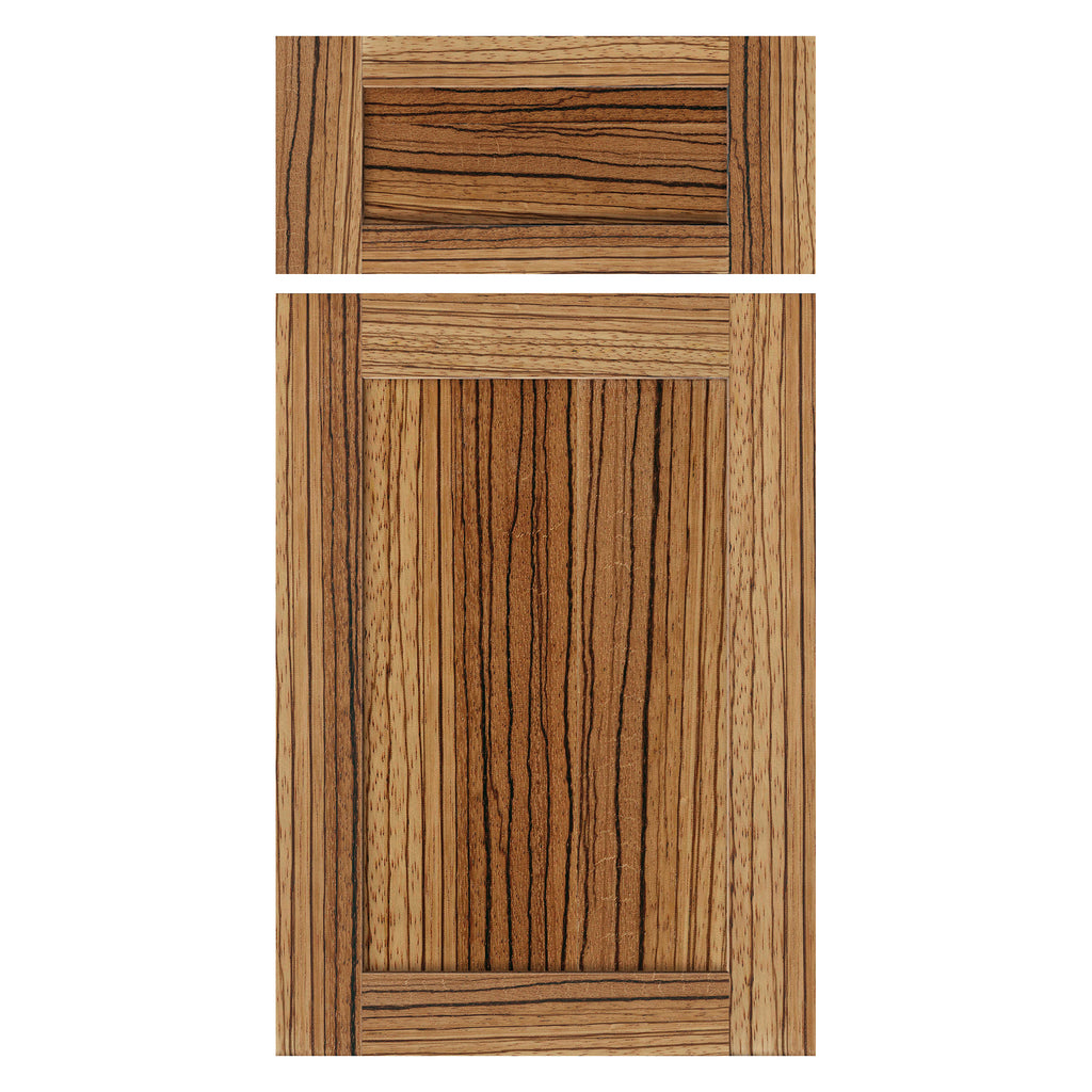 Zebrawood shaker cabinet door front view, exotic wood grain pattern, natural finish