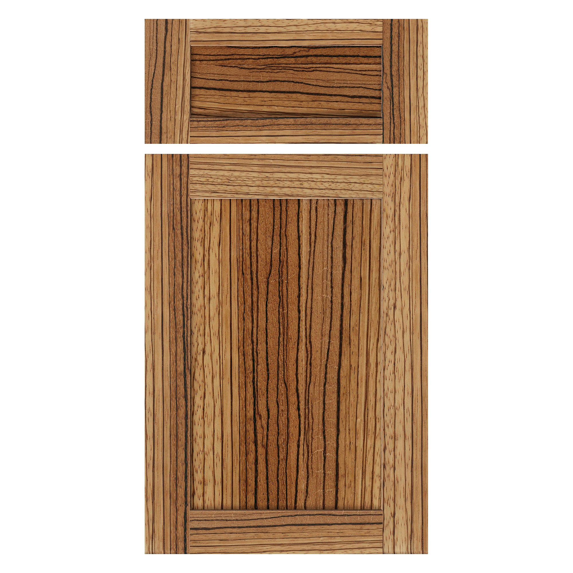 Zebrawood shaker cabinet door front view, exotic wood grain pattern, natural finish