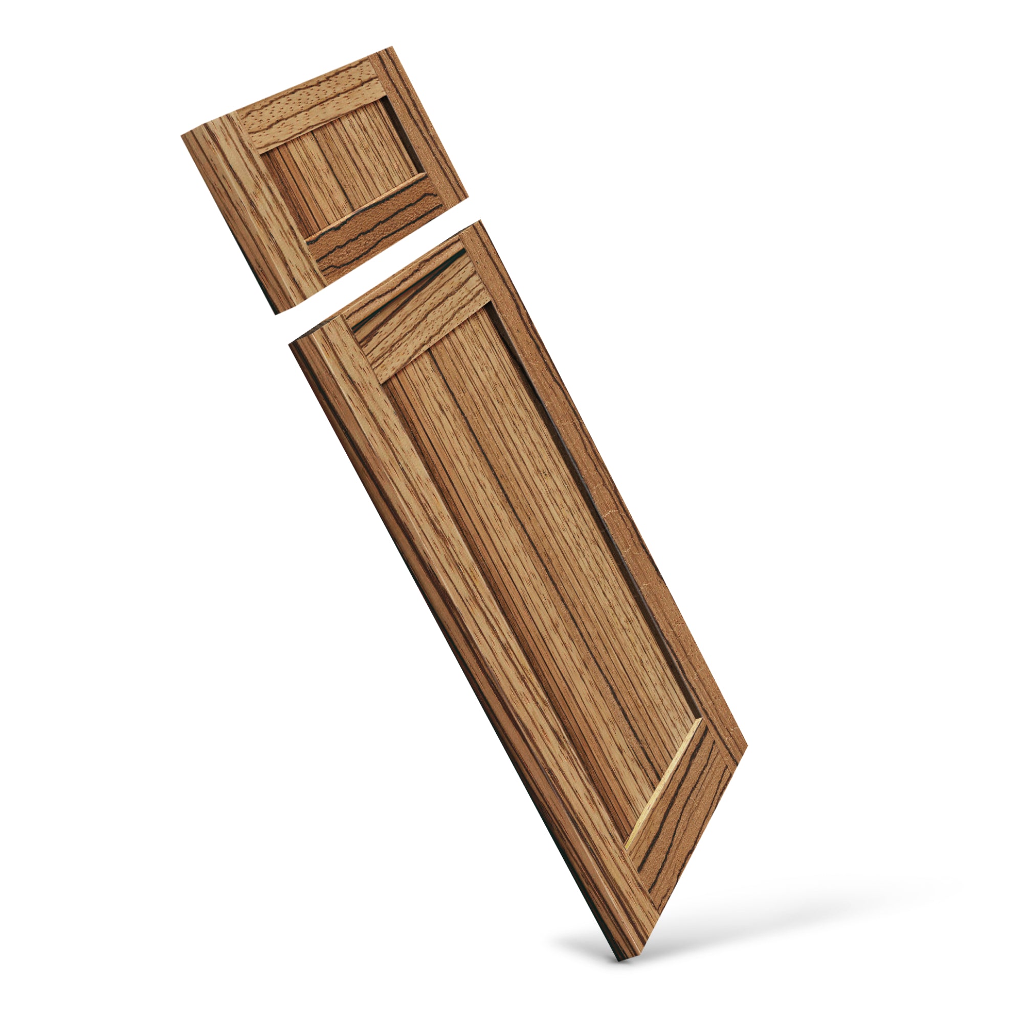 Zebrawood shaker cabinet door and drawer front set angled view, striped exotic wood texture