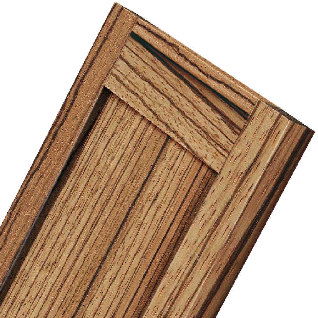 Zebrawood shaker cabinet door close-up, bold striped grain detail, natural exotic wood