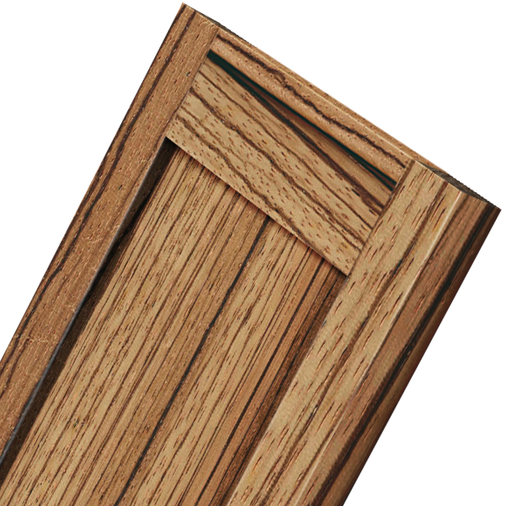 Zebrawood shaker cabinet door close-up, bold striped grain detail, natural exotic wood