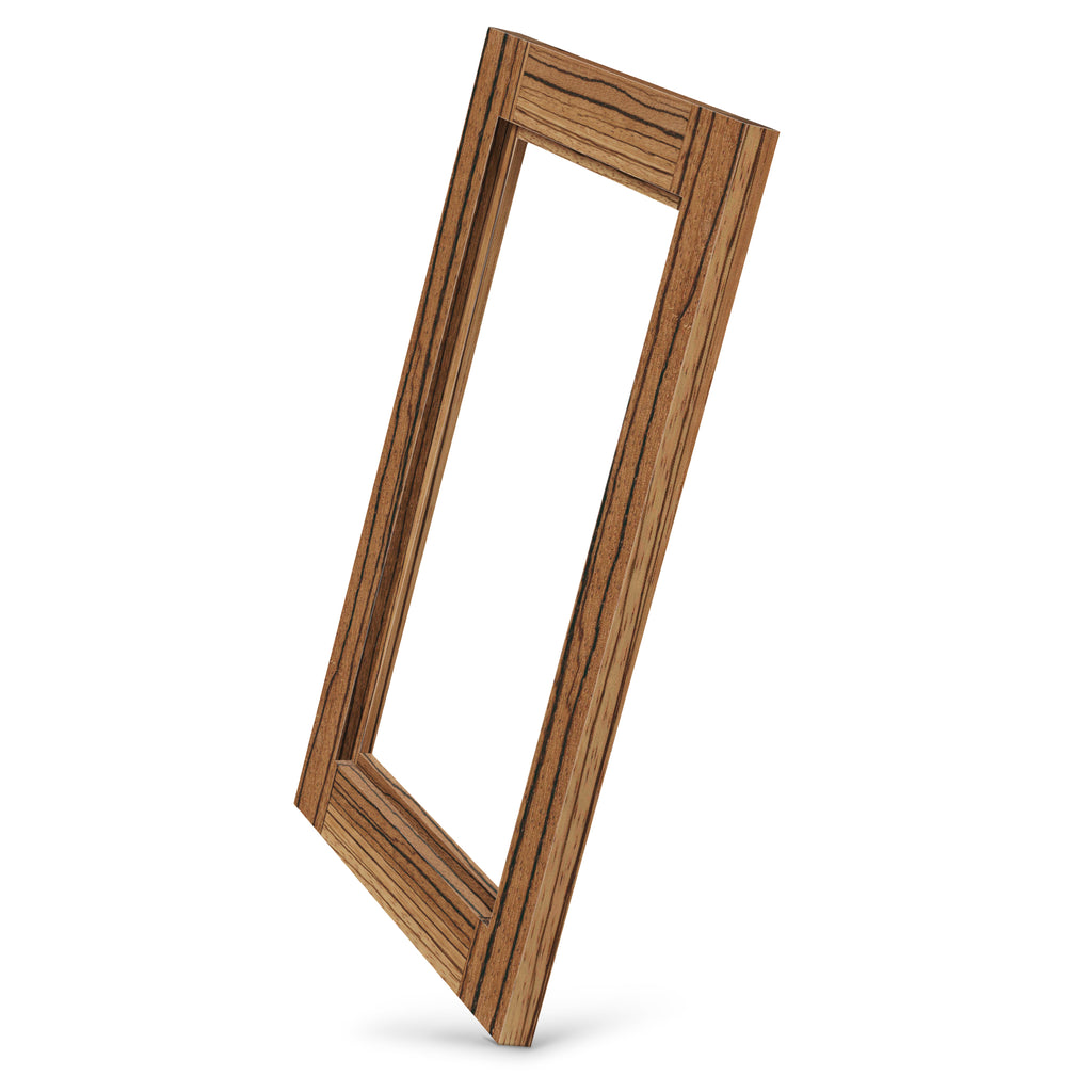 Zebrawood shaker glass-ready cabinet door frame angled view, exotic striped wood grain